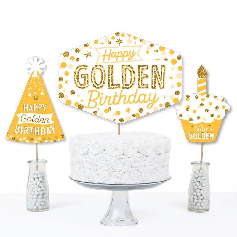 Big Dot of Happiness Golden Birthday - Happy Birthday Party Centerpiece Sticks - Table Toppers - Set of 15, 3 of 8