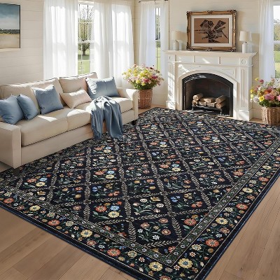 Soft Washable Floral Area Rug – Ultra-Thin, Stain-Resistant, Non-Slip, Non-Shedding Accent Carpet for Living Room, Bedroom, Dining Room, Office