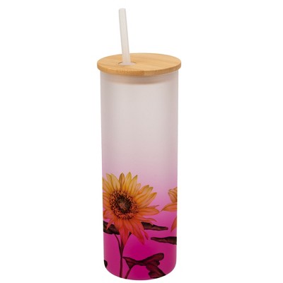 Elanze Designs Happy Yellow Sunflowers Flower Garden Wrap-Around Design 25 Ounce Frosted Gradient Glass On-The-Go Coffee Travel Skinny Tumbler Mug