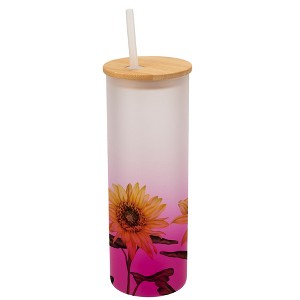 Elanze Designs Happy Yellow Sunflowers Flower Garden Wrap-Around Design 25 Ounce Frosted Gradient Glass On-The-Go Coffee Travel Skinny Tumbler Mug - 1 of 1