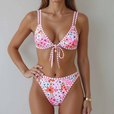 Knit & Lounge Women’s Bandeau Bikini Set 3D Daisy Applique High Waist Floral Swim Two Piece Strapless Swimsuit