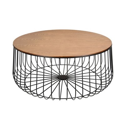 LeisureMod Runswick Round Coffee Table - Modern Wood Top Steel Frame Accent Table for Living Room