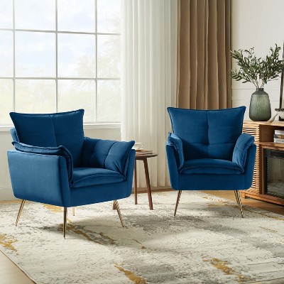 Set of 2 Jonat Contemporary Velvet Wooden Upholstered Armchair with Metal Legs for Bedroom and Living Room | ARTFUL LIVING DESIGN