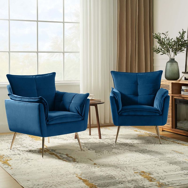 Set of 2 Jonat Contemporary Velvet Wooden Upholstered Armchair with Metal Legs for Bedroom and Living Room | ARTFUL LIVING DESIGN, 1 of 11