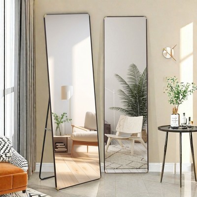 Glasflength Full Length Mirrors Floor Standing Wall Mirror, Bedroom Foyer Clothing Store Wall Mounted Mirror, Wooden Frame Square Dark Brown 16.5"*60"
