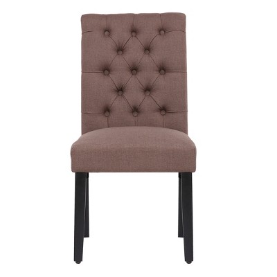 Brown Linen Upholstered Tufted Dining Side Chair with Rubberwood Legs