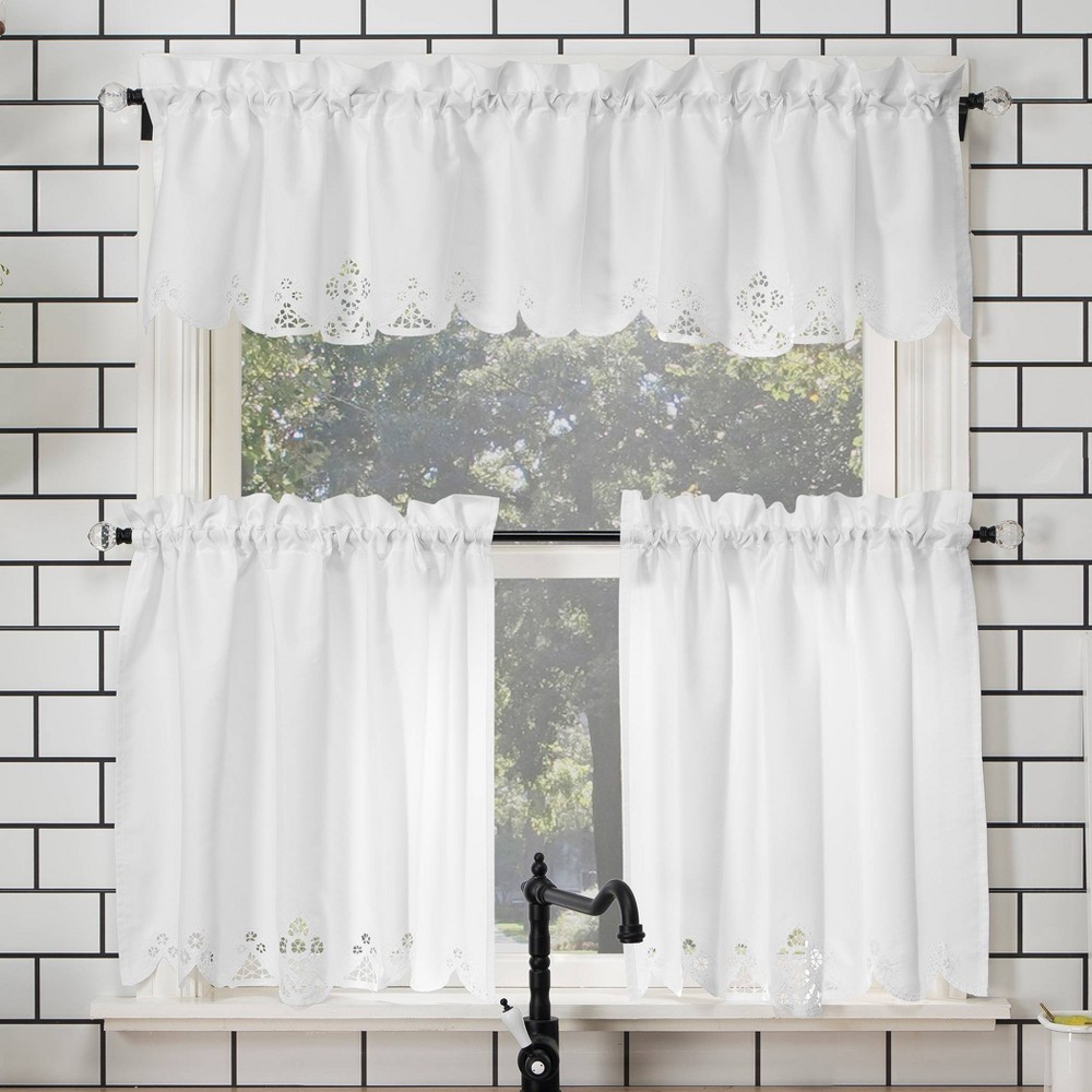 36"x58" Mariela Floral Trim Semi-Sheer Rod Pocket Kitchen Window Valance and Tiers Set White - No. 918: Kitchen Curtains Set