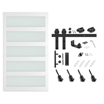 SMARTSTANDARD 80 in. & 84 in. White Glass Barn Door with Sliding Door Hardware Kit & Handle - Predrilled Ready to Assemble, 5-Lite Frosted Glass