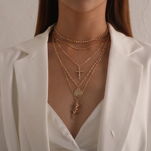 HTUTWOO Multi-layered Gold Necklace, Cross Pendant Coin Medallion Rose Pendant Layered Chain, Jewelry for Women - 1 of 4