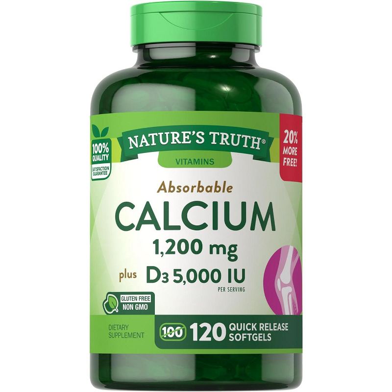 Nature's Truth Absorbable Calcium 1200mg with Vitamin D3 5000 IU | 120 Softgels, 1 of 5