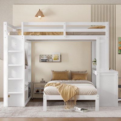 White bunk bed with integrated desk and stairs forming a compact multi-function unit