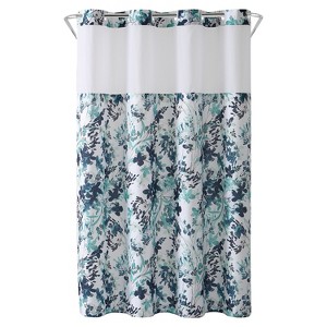 Watercolor Floral Shower Curtain with Liner Aqua - Hookless, Blue