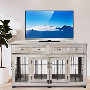 Dog Crate Furniture with Drawers, 58in Wooden Dog Kennel TV Stand, Furniture Style End Table with Storage, 2-Room Crate for Large Breeds Gray - 1 of 4