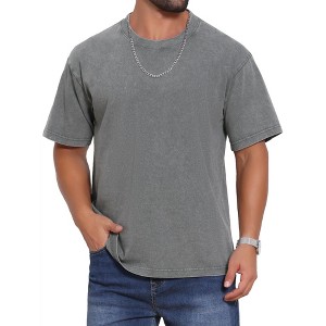 INSPIRE CHIC Men's Retro Distressed Crew Neck Short Sleeve Solid T-Shirts - 1 of 4