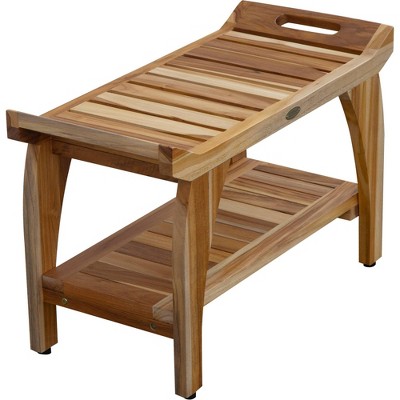 EcoDecors 32" Natural Teak Shower Bench with Handles and Shelf