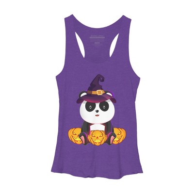Women's Design By Humans Cute Panda Mock up Witch With Jack O Lantern Halloween T-Shirt By thebeardstudio Racerback Tank Top