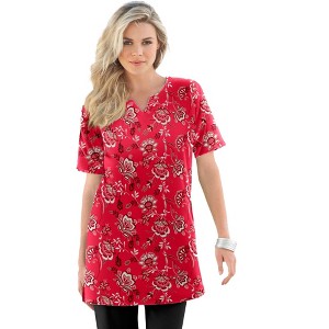 Roaman's Women's Plus Size Print Notch Neck Soft Knit Tunic - 1 of 4