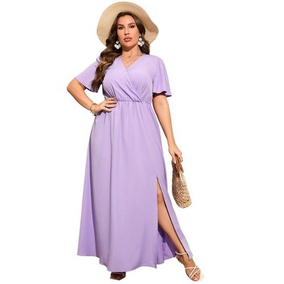 Whizmax Women Plus Size Wrap Maxi Dress Short Flutter Sleeves Empire Waist Split A Line Boho Casual Dress Purple 2XL