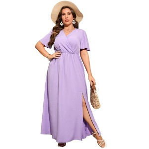 Whizmax Women Plus Size Wrap Maxi Dress Short Flutter Sleeves Empire Waist Split A Line Boho Casual Dress Purple 2XL - 1 of 4