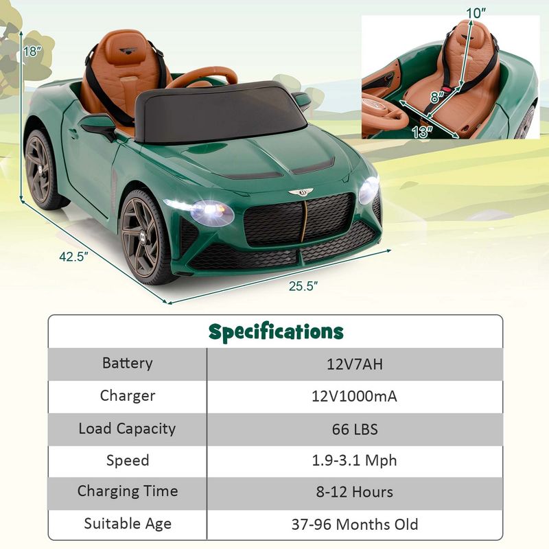 Costway 12V Licensed Bentley Bacalar Kids Electric Ride-on Car with Remote Control Green/Red/White/Black, 3 of 11