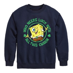 Boys' - SpongeBob Squarepants - Who Needs Luck With This Charm Graphic Long Sleeve Fleece Sweatshirt - 1 of 4