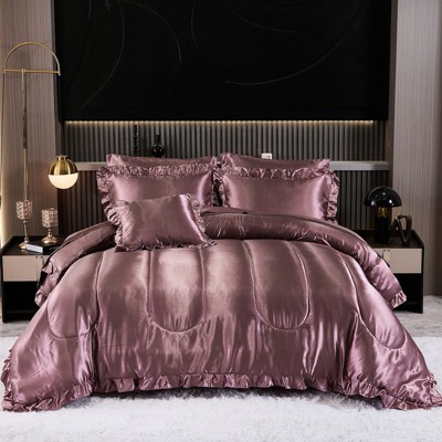 Silky Satin Comforter Set with Sheet Set, Ruffle Pinch Pleat Bedding, Luxury Soft Hotel Satin Quilt Set with Cushion Cover