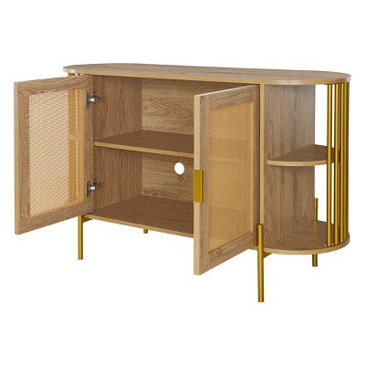 GlasFlength Decorative Storage Cabinets Elegant Curved Dining Cabinet with Woven Rattan Doors and Gold Trim for Dining Room, Beige, 47.2"*15.7"*31.1"