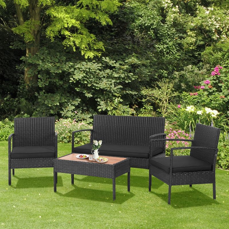 Costway 4PCS Patio Rattan Furniture Set Cushioned Chair Wooden Tabletop Black, 2 of 10