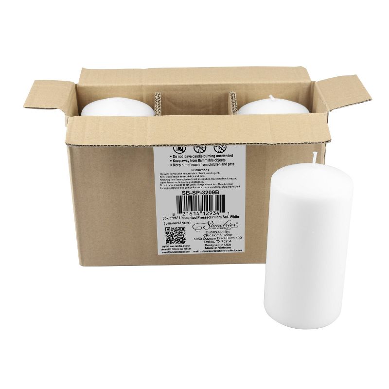 Stonebriar 3pk Tall 3&#39;&#39; x 6&#39;&#39; 65 Hour Long Burning Unscented White Wax Pillar Candle, 4 of 8