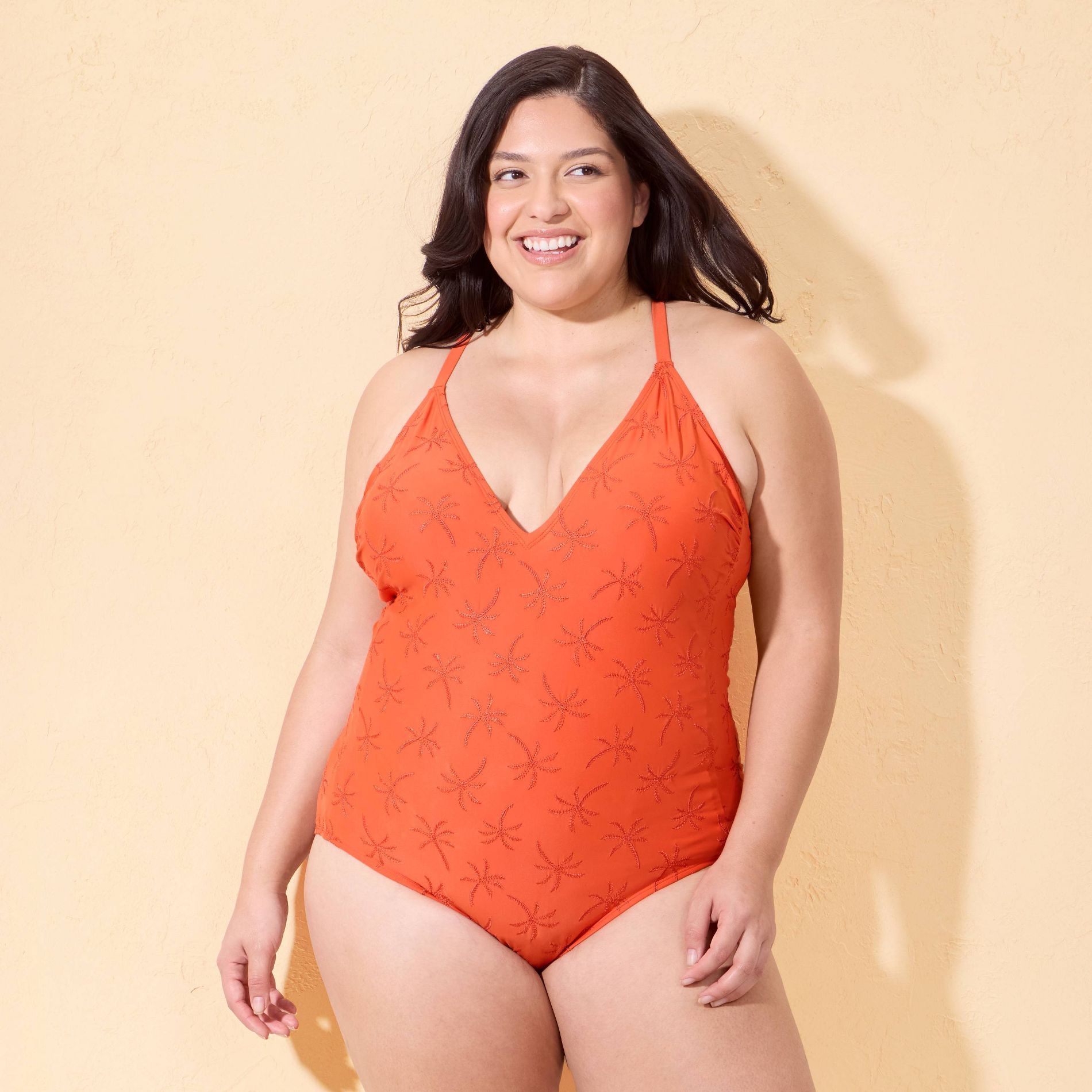 Women's Palm Print Embroidered Plunge Neck Full Coverage One Piece Swimsuit - Shade & Shore™ Orange