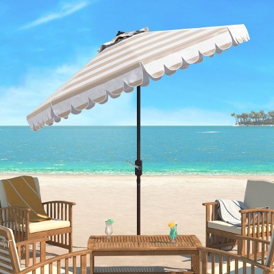 Beige and White Striped 9Ft Scallop Crank Umbrella