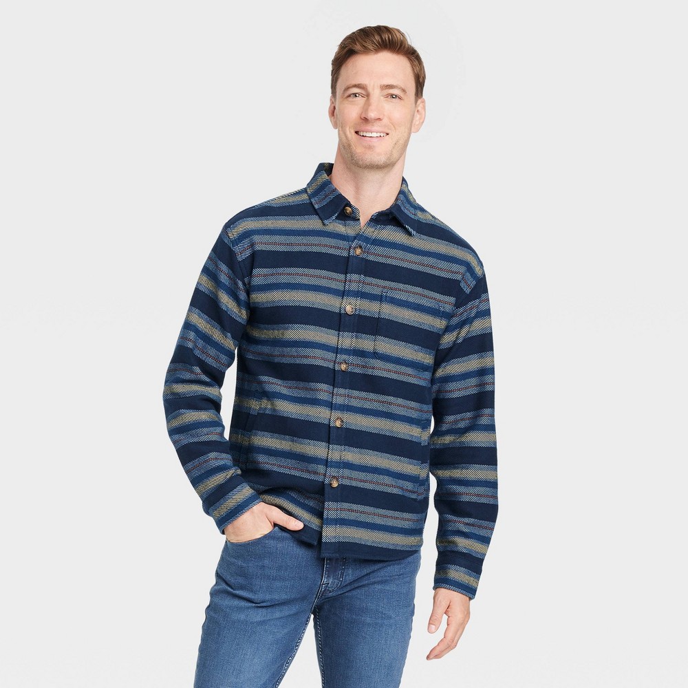 Men's Striped Heavyweight Flannel Long Sleeve Button-Down Shirt - Goodfellow & Co™ Navy Blue S
