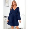 Coolmee Women's Dress Deep V-Neck Long Sleeve Waist Tie Ruffle Mini Swing Skater Dresses - 2 of 4