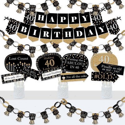Big Dot of Happiness Adult 40th Birthday - Gold - Banner and Photo Booth Decorations - Birthday Party Supplies Kit - Doterrific Bundle