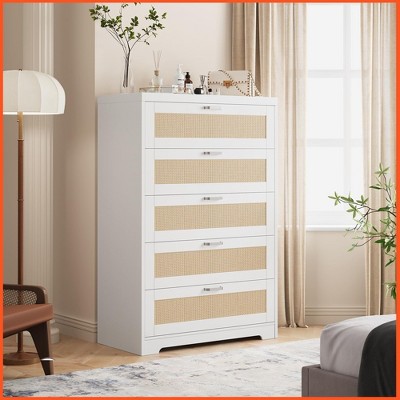 Homhougo Tall Rattan Dresser with 5 Drawers,Wooden Spacious Storage Chest of Drawers with Wide Top,Handles White
