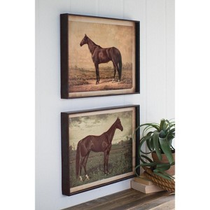 Wall Art, Set of Two Horse Prints Under Glass 16"H, Brown Distressed Wood & Glass Cottage Wall Decor By Kalalou - 1 of 3