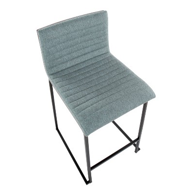 Green Upholstered Walnut Wood and Metal Counter Stools, Set of 2