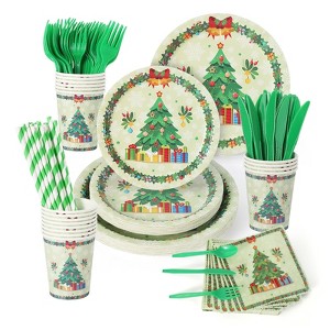 200 Pc Christmas Party Supplies, Funny Tableware Sets: Dinner Plates,Dessert Plates,Napkins,Cups,Spoons,Forks,Knives,Straws for 25 Guests,Party Decor - 1 of 4