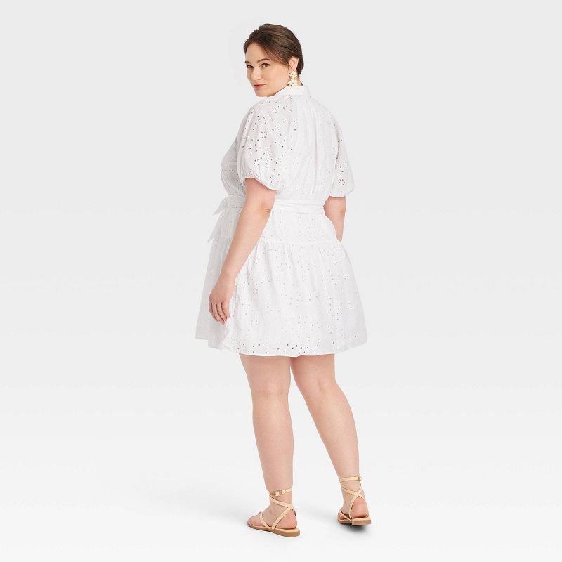 Women's Eyelet Balloon Elbow Sleeve Mini Shirtdress - A New Day™ White, 3 of 12