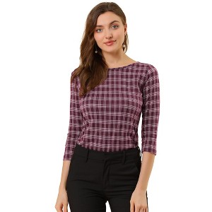 Allegra K Women's Work Office 3/4 Sleeve Boat Neck Houndstooth Printed Blouse - 1 of 4