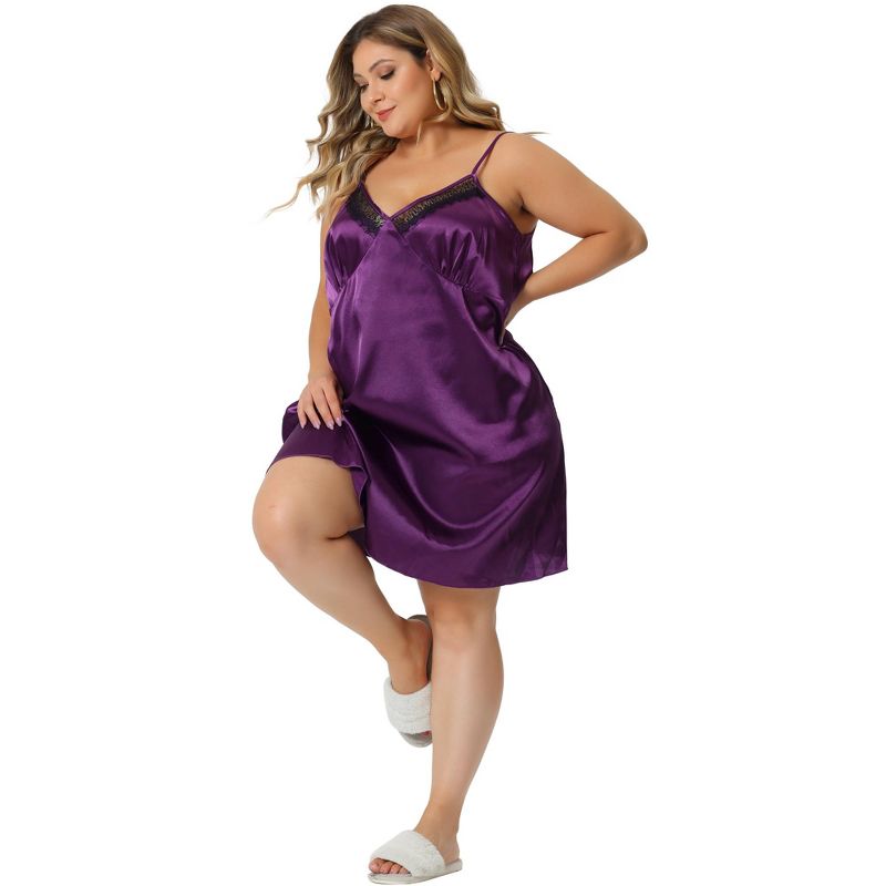 Agnes Orinda Women's Plus Size Satin V-Neck Sleeveles Lace Trim Nightgowns, 3 of 6