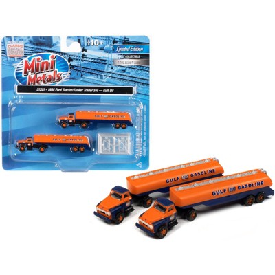 1954 Ford Tanker Truck Orange and Blue "Gulf Oil" Set of 2 pieces 1/160 (N) Scale Models by Classic Metal Works