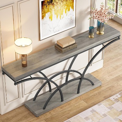 70.9" Gray Faux Marble Console Table with Black Metal Legs