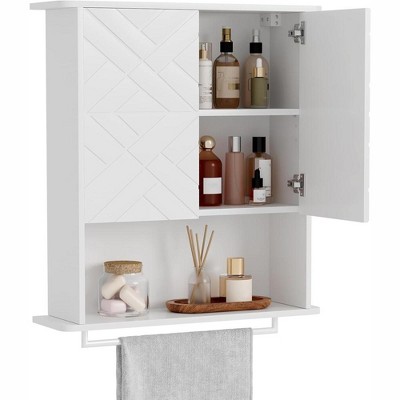 Medicine Cabinet with Two Door, Wood Wall Mounted Bathroom Storage Cabinet with Towel Bar