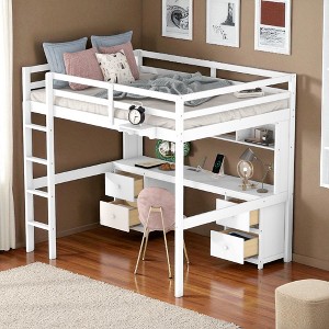 Full Size Gray Loft Bed with Built-in Desk, Cabinets, Drawers, Charging Station, and Bedside Tray for Kids or Teens - 1 of 4