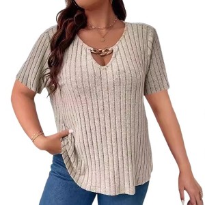Plus Size Casual Tops for Women Fashion V Neck Ribbed Knit Short Sleeve Shirts Plain Loose Blouse Tops - 1 of 3