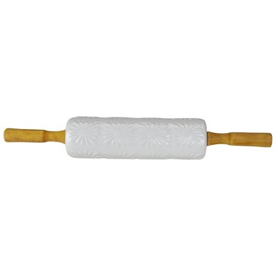 Northlight 17.5" White Ceramic Floral Imprint Rolling Pin with Wooden Handles