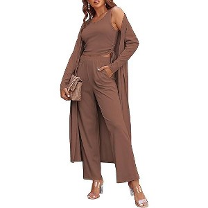 Ekouaer Women's 3 Piece Lounge Set Pajama Long Sleeve Cardigan Sleeveless Top Pants Sweatsuit - 1 of 4