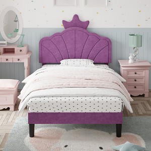 VECELO Upholstered Crown-Shaped Kids Bed Frame Wooden Platform Bed with Adjustable Headboard, No Box Spring Needed - 1 of 4