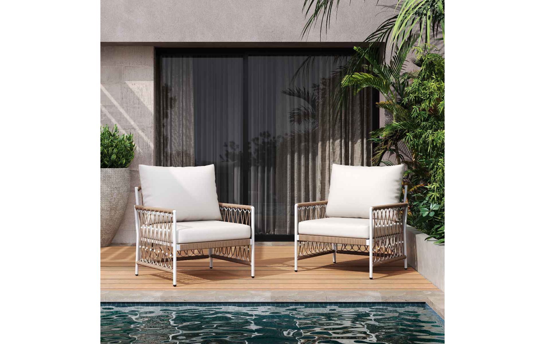 Set of 2 Outdoor Accent Chairs with Handwoven Rope, Beige Accent Chair for Garden and Poolside, Chair with Powder-Coated Steel Frame-Coolbibila